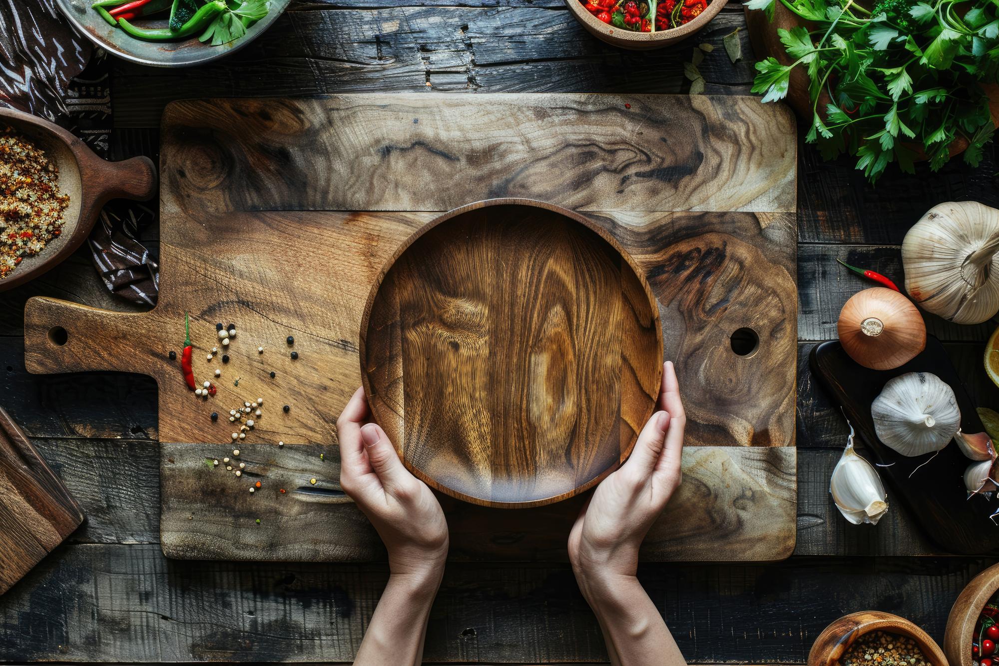 Chef plating modern dish on wooden board